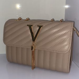 Bolso de fiesta elegante beige con cadenas doradas para mujer